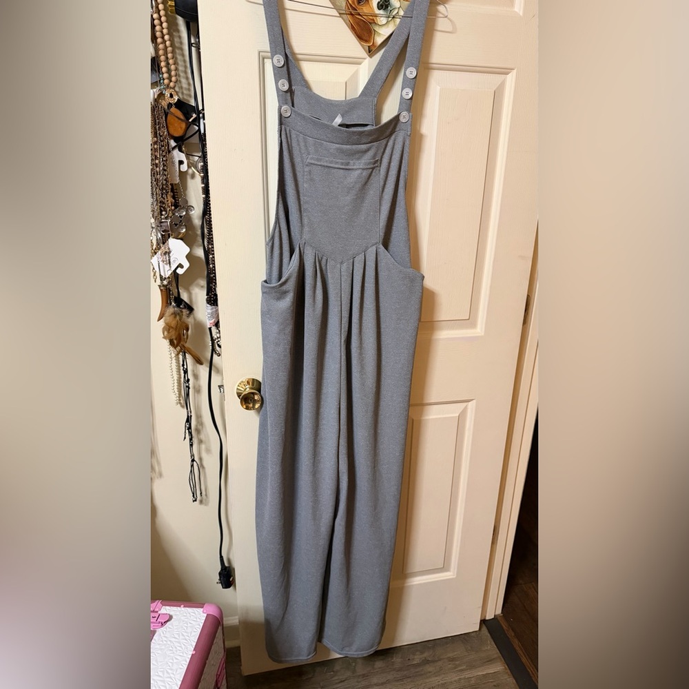 Gray overalls with adjustable stripes pockets, wide leg by Halara